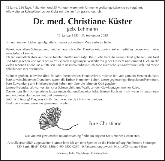 Traueranzeige von Christiane Küster von Volksstimme Magdeburg