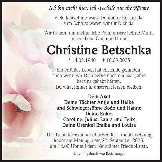 Traueranzeige von Christine Betschka von Volksstimme Magdeburg