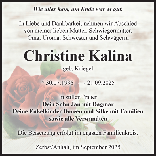 Traueranzeige von Christine Kalina von Volksstimme Zerbst