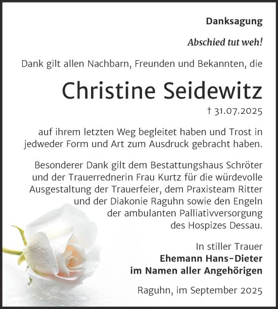 Traueranzeige von Christine Seidewitz von Trauerkombi Bitterfeld