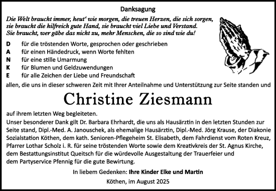 Traueranzeige von Christine Ziesmann von Trauerkombi Köthen