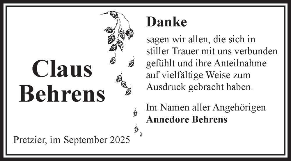  Traueranzeige für Claus Behrens vom 16.09.2025 aus Volksstimme Altmark Ost