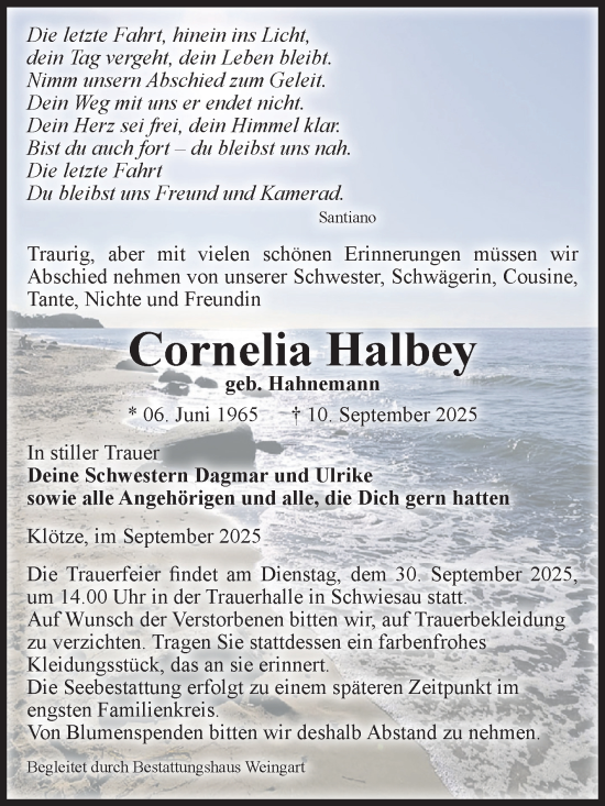 Traueranzeige von Cornelia Halbey von Volksstimme Altmark West