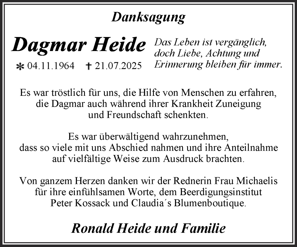  Traueranzeige für Dagmar Heide vom 20.09.2025 aus Trauerkombi Wittenberg