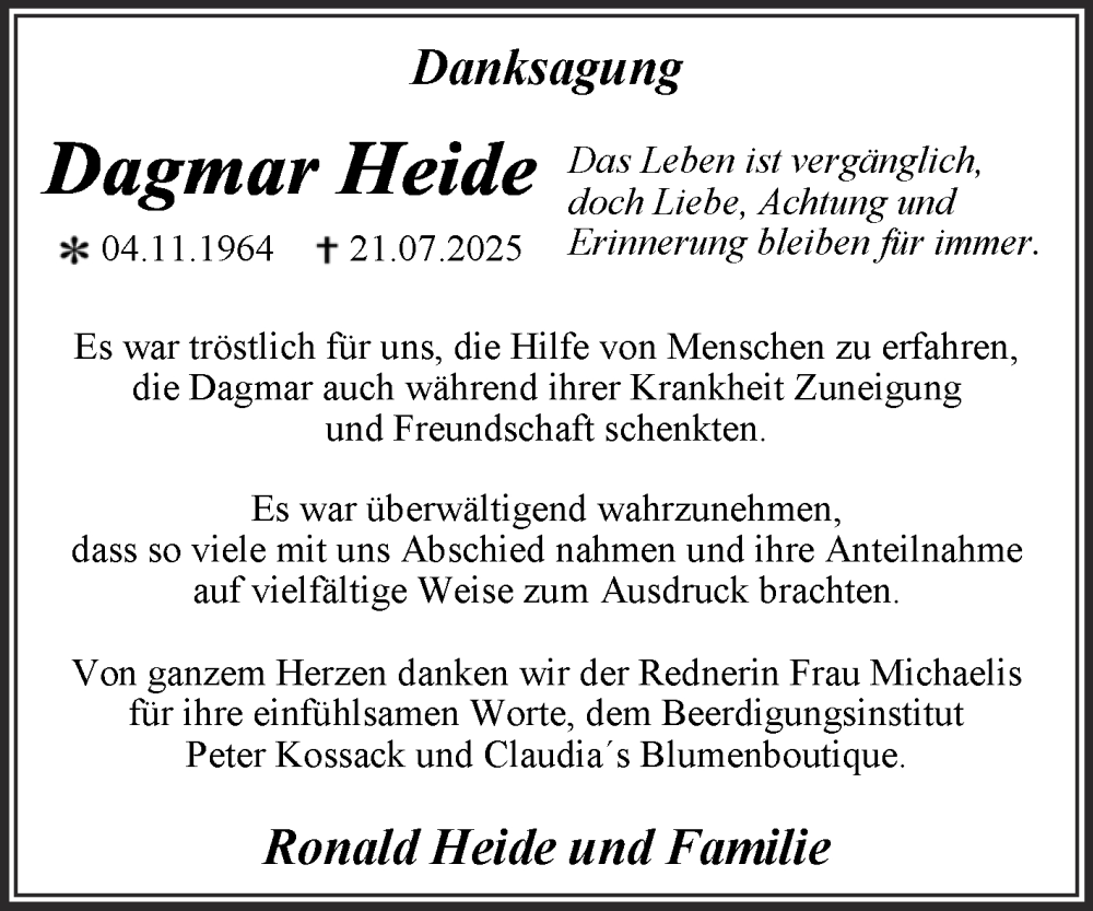  Traueranzeige für Dagmar Heide vom 13.09.2025 aus Trauerkombi Dessau
