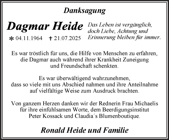 Traueranzeige von Dagmar Heide von Trauerkombi Dessau