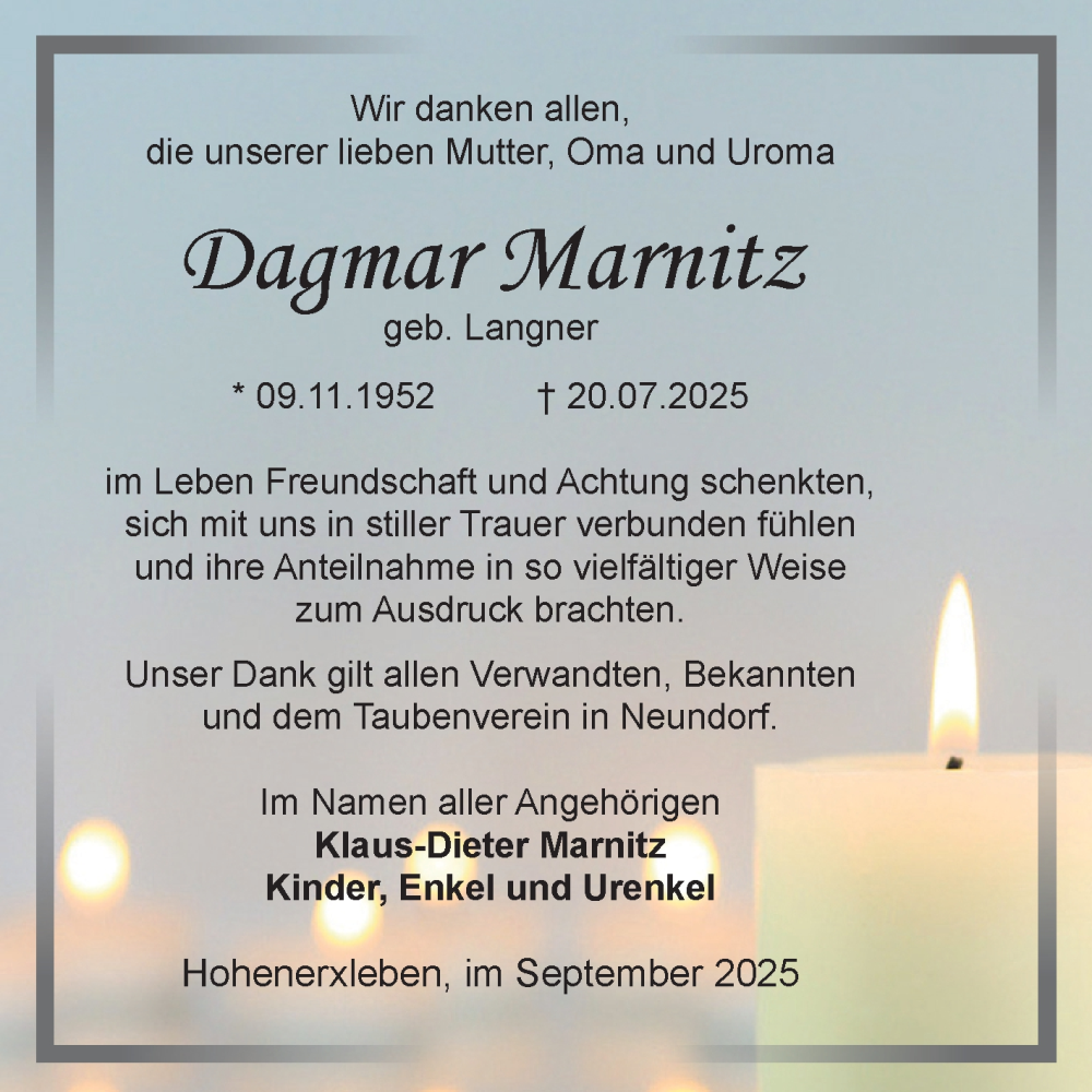  Traueranzeige für Dagmar Marnitz vom 27.09.2025 aus 