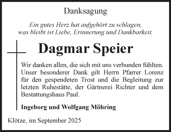 Traueranzeige von Dagmar Speier von Volksstimme Altmark West