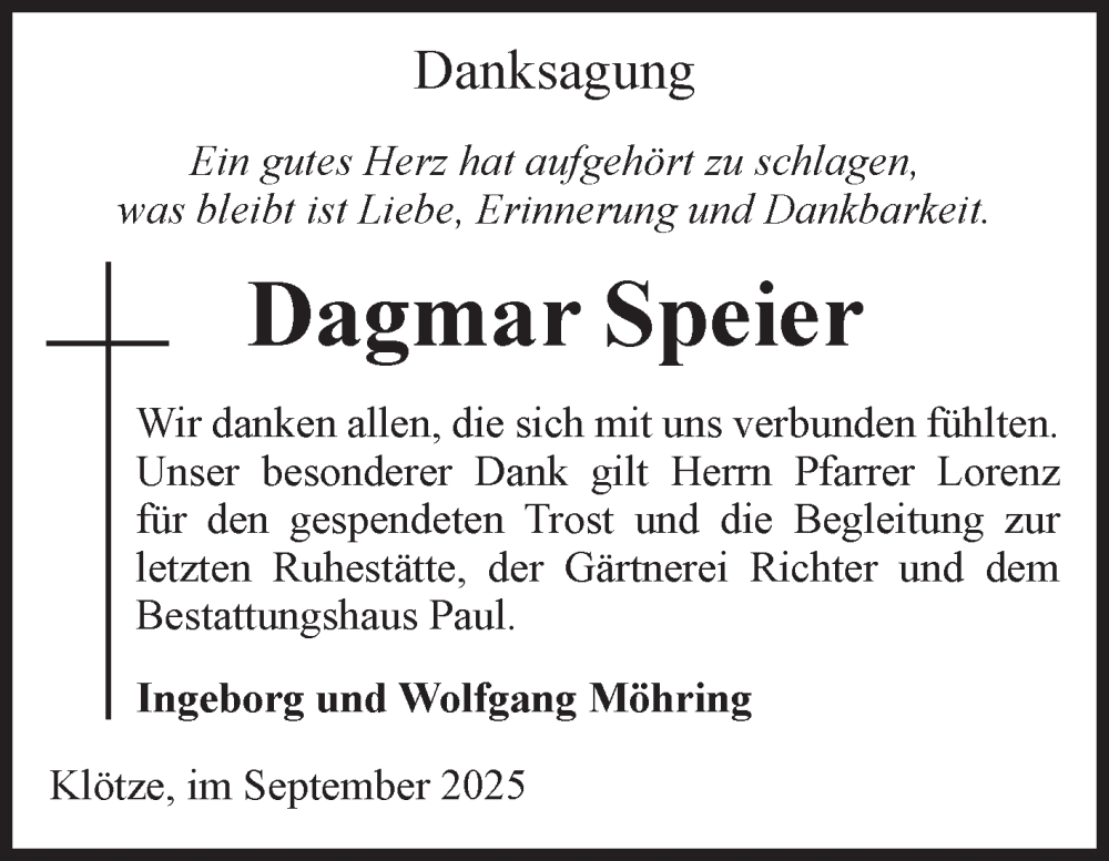 Traueranzeige für Dagmar Speier vom 27.09.2025 aus Volksstimme Altmark West