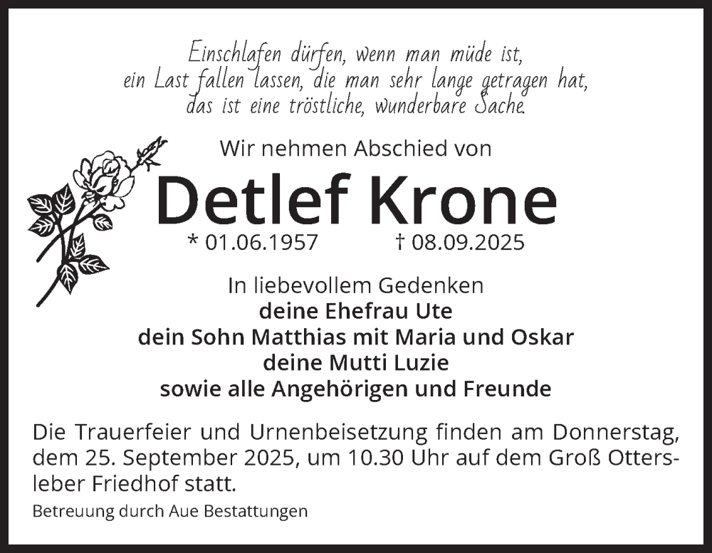  Traueranzeige für Detlef Krone vom 20.09.2025 aus Volksstimme Magdeburg