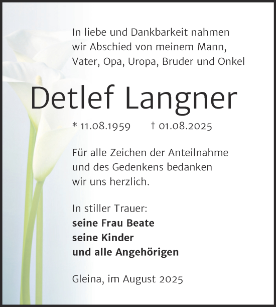 Traueranzeige von Detlef Langner von Super Sonntag Naumburg/Nebra