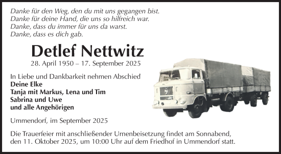 Traueranzeige von Detlef Nettwitz von Volksstimme Oschersleben/Wanzleben