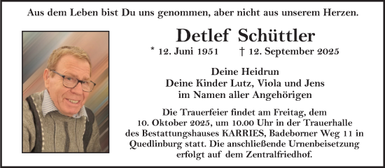 Traueranzeige von Detlef Schüttler von Trauerkombi Quedlinburg