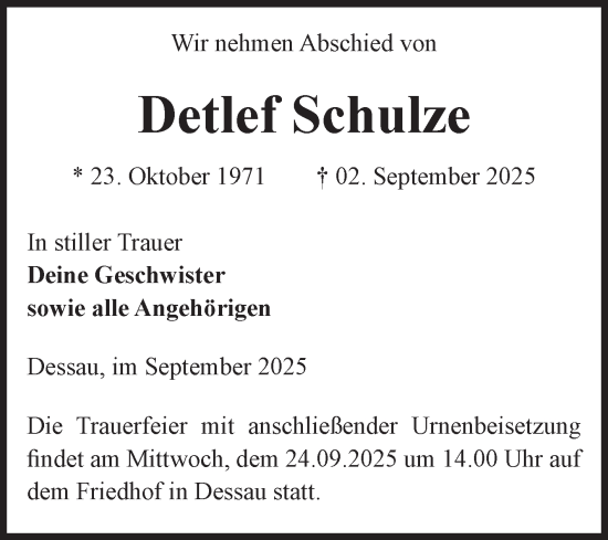 Traueranzeige von Detlef Schulze von Volksstimme Altmark West