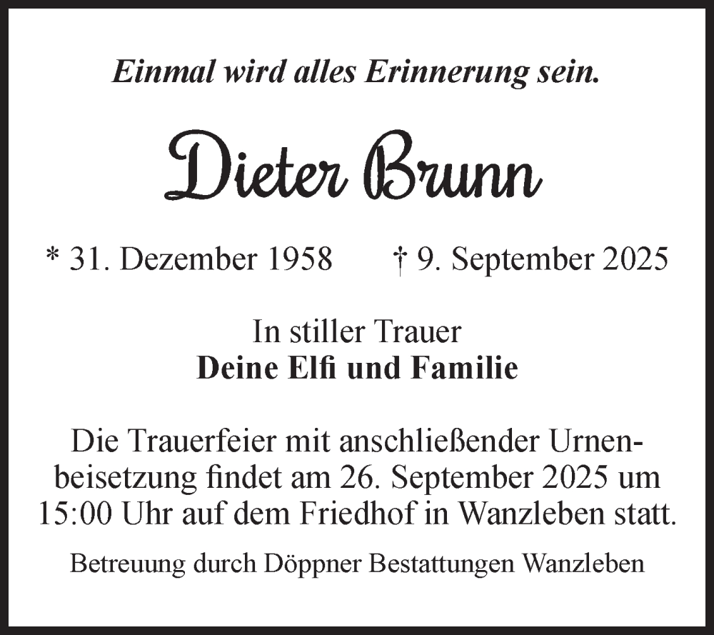  Traueranzeige für Dieter Brunn vom 20.09.2025 aus Volksstimme Oschersleben/Wanzleben
