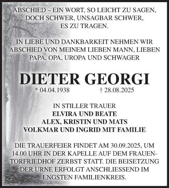 Traueranzeige von Dieter Georgi von Volksstimme Zerbst