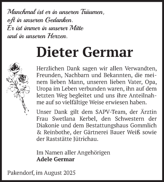 Traueranzeige von Dieter Germar von Volksstimme Zerbst