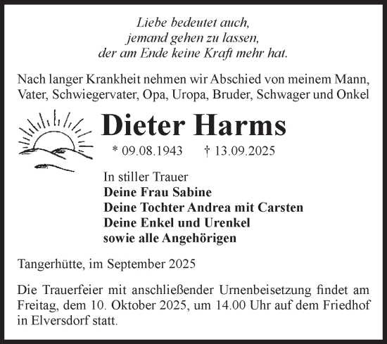 Traueranzeige von Dieter Harms von Volksstimme Altmark Ost