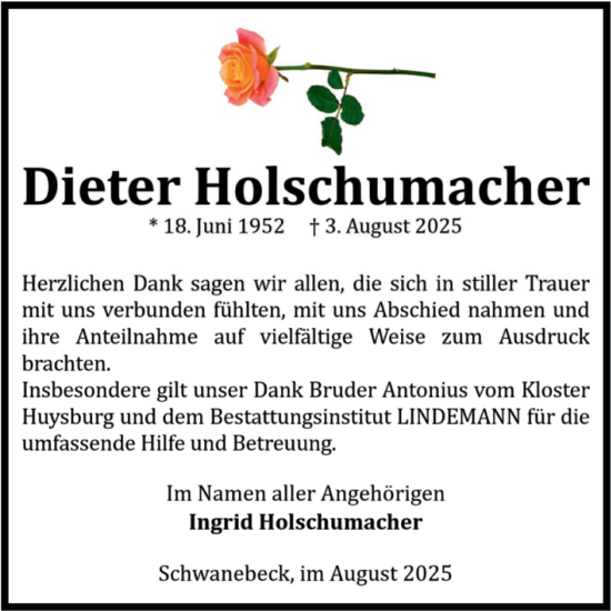 Traueranzeige von Dieter Holschumacher von Volksstimme Halberstadt