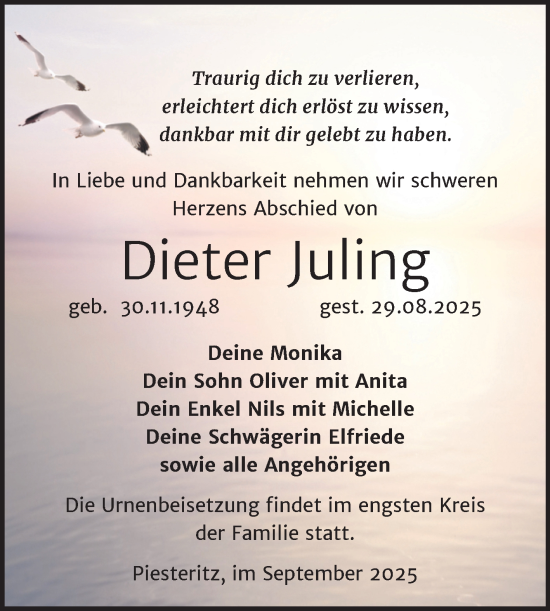 Traueranzeige von Dieter Juling von Trauerkombi Wittenberg
