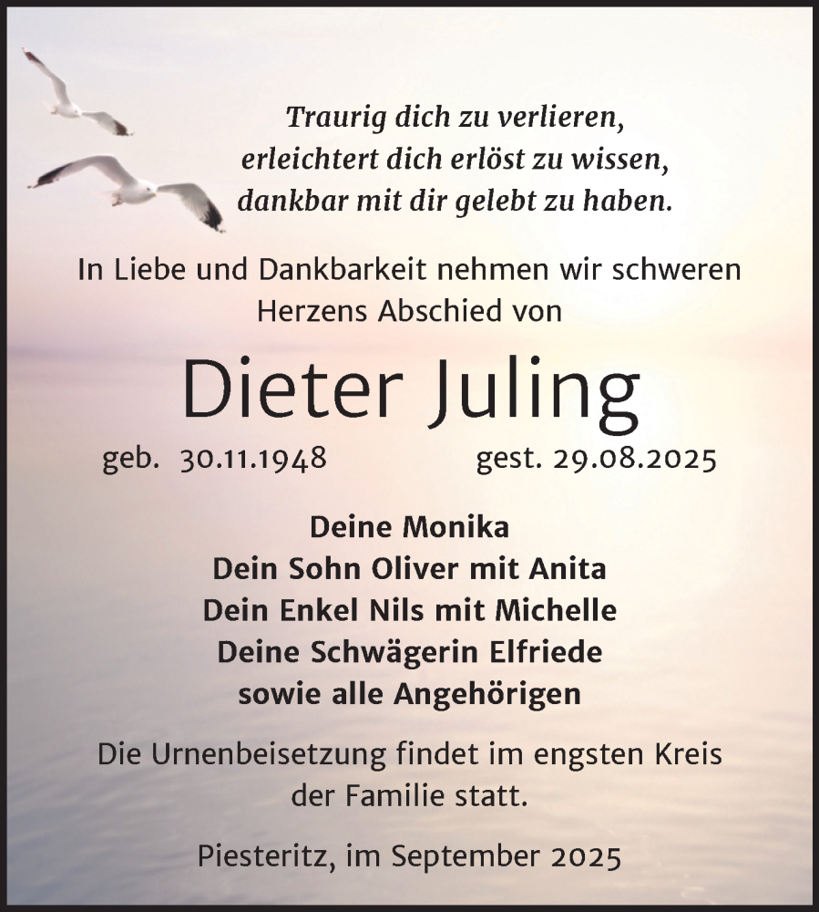  Traueranzeige für Dieter Juling vom 06.09.2025 aus Trauerkombi Wittenberg
