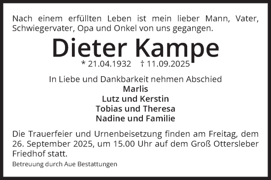 Traueranzeige von Dieter Kampe von Volksstimme Magdeburg