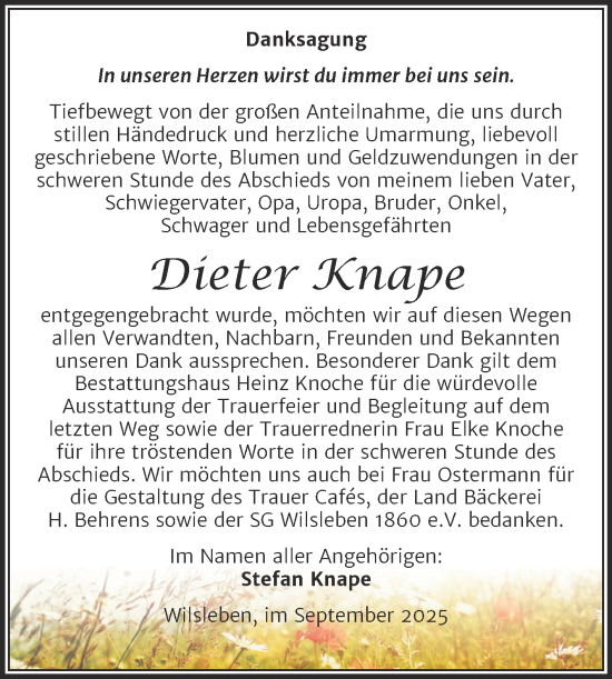 Traueranzeige von Dieter Knape von Trauerkombi Aschersleben