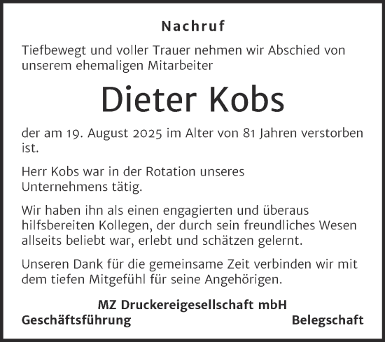 Traueranzeige von Dieter Kobs von Mitteldeutsche Zeitung Halle/Saalkreis
