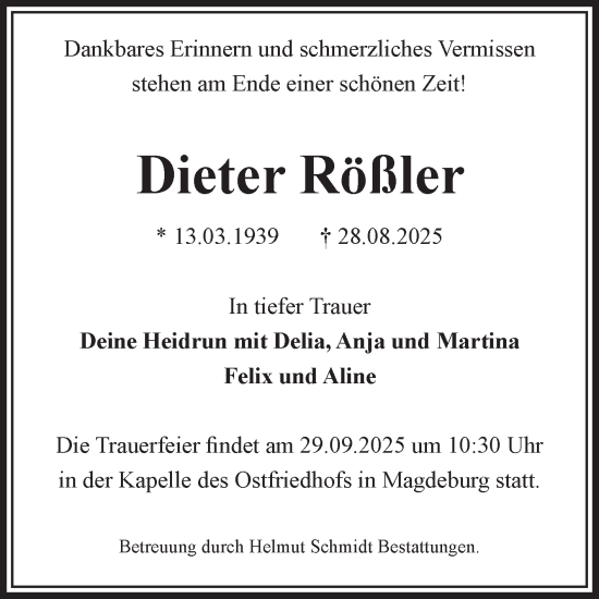 Traueranzeige von Dieter Rößler von Volksstimme Magdeburg