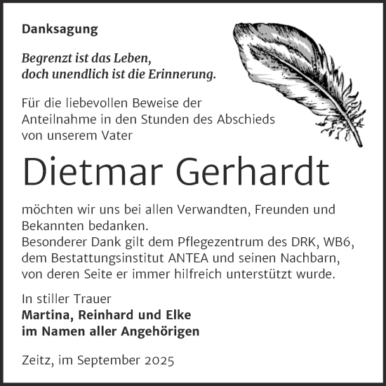 Traueranzeige von Dietmar Gerhardt von Trauerkombi Zeitz