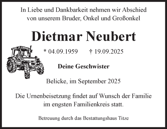 Traueranzeige von Dietmar Neubert von Volksstimme Burg/Genthin