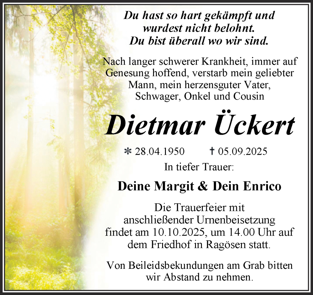  Traueranzeige für Dietmar Ückert vom 20.09.2025 aus Trauerkombi Dessau