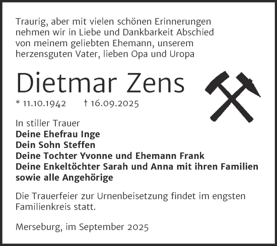 Traueranzeige von Dietmar Zens von Trauerkombi Merseburg