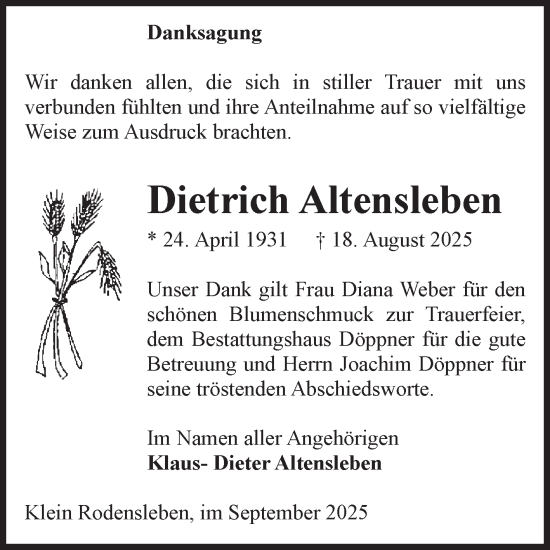 Traueranzeige von Dietrich Altensleben von Volksstimme Oschersleben/Wanzleben