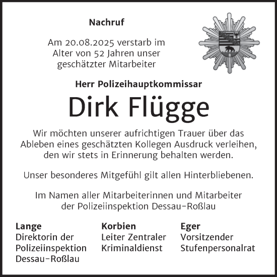 Traueranzeige von Dirk Flügge von Mitteldeutsche Zeitung Dessau-Roßlau