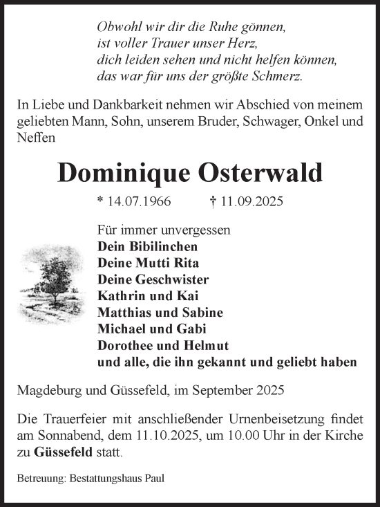 Traueranzeige von Dominique Osterwald von Volksstimme Magdeburg