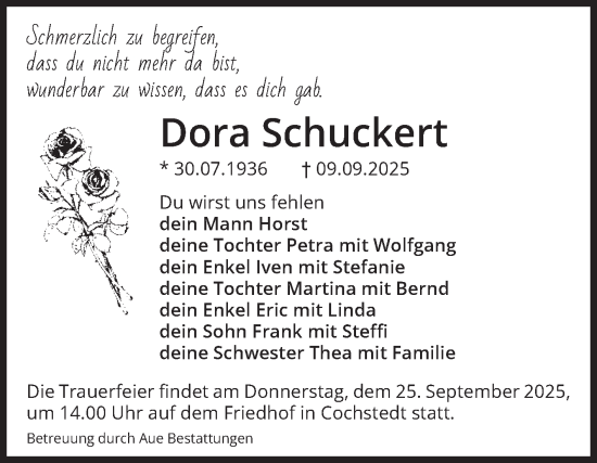 Traueranzeige von Dora Schuckert von Volksstimme Staßfurt