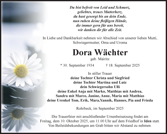 Traueranzeige von Dora Wächter von Volksstimme Altmark Ost