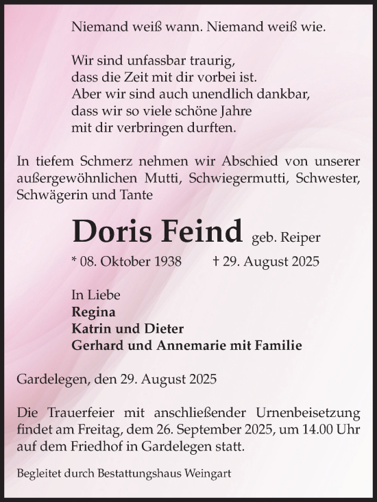 Traueranzeige von Doris Feind von Volksstimme Altmark West