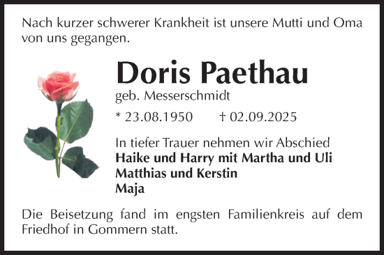 Traueranzeige von Doris Paethau von Volksstimme Burg/Genthin