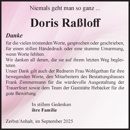 Traueranzeige von Doris Raßloff von Volksstimme Zerbst