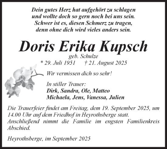 Traueranzeige von Doris Erika Kupsch von Volksstimme Burg/Genthin