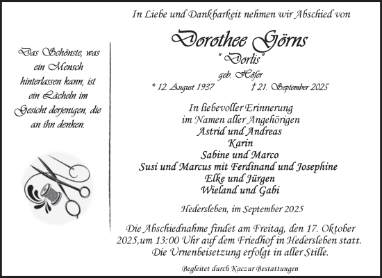 Traueranzeige von Dorothee Görns von Mitteldeutsche Zeitung Quedlingburg