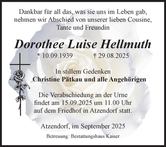 Traueranzeige von Dorothee Luise Hellmuth von Volksstimme Staßfurt