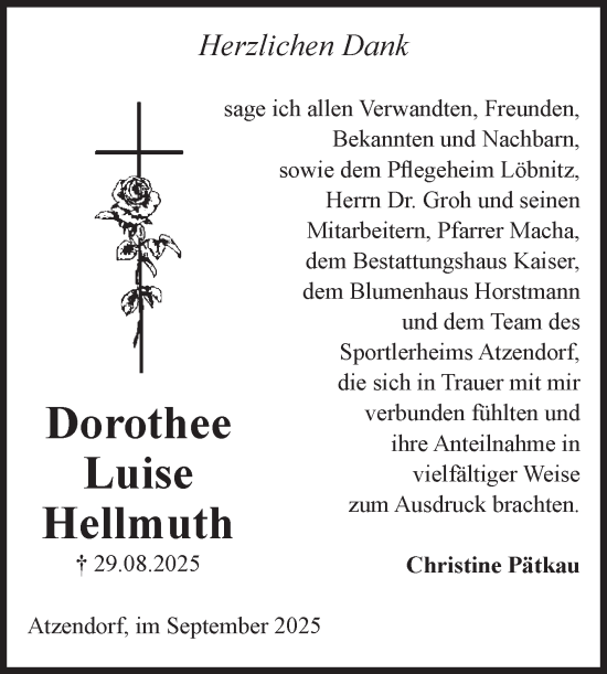 Traueranzeige von Dorothee Luise Hellmuth von Volksstimme Staßfurt