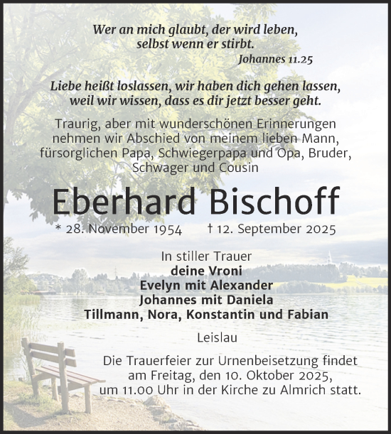 Traueranzeige von Eberhard Bischoff von Super Sonntag Naumburg/Nebra