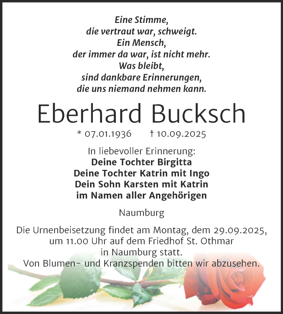  Traueranzeige für Eberhard Bucksch vom 20.09.2025 aus Naumburger Tageblatt