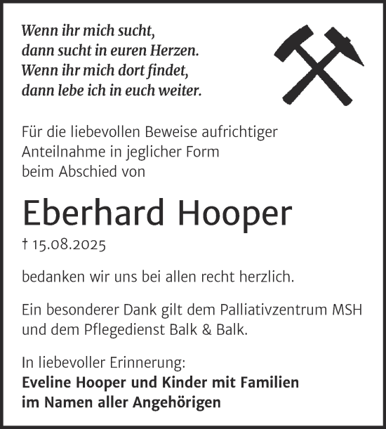 Traueranzeige von Eberhard Hooper von Trauerkombi Mansfelder Land