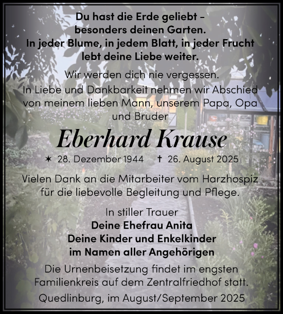 Traueranzeige von Eberhard Krause von Trauerkombi Quedlinburg