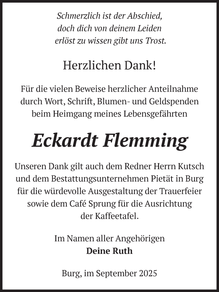  Traueranzeige für Eckardt Flemming vom 27.09.2025 aus Volksstimme Burg/Genthin